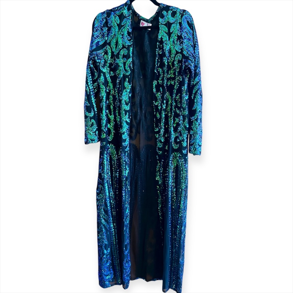 Iridescent Sequin Mesh Duster Cardigan | Size L